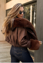 Krátká kožená bunda s kožichem Feeling October čokoládová