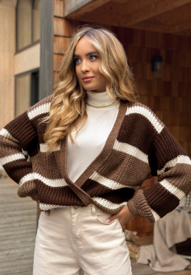 Krátký pruhovaný kardigan Moments Like This béžovo-čokoládový