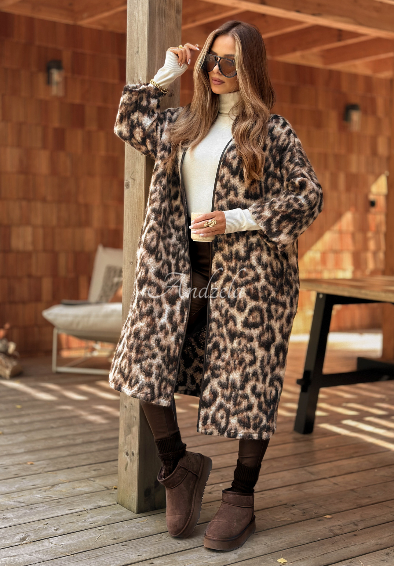 Dlouhý vlněný kardigan s leopardím vzorem Sultry Fave béžový