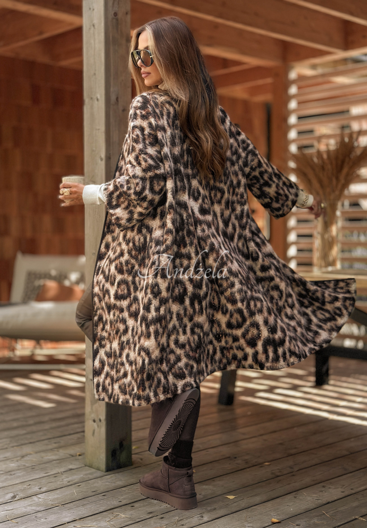 Dlouhý vlněný kardigan s leopardím vzorem Sultry Fave béžový