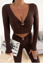 Krátká Halenka longsleeve z aplikacją Missed Your Text čokoládová