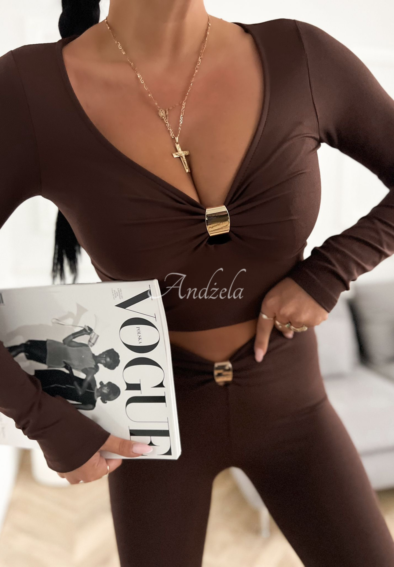 Viskózová halenka longsleeve s aplikací Missed Your Text čokoládová