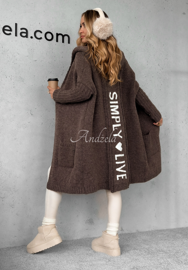 Dlouh&yacute; Kardigan oversize s kapuc&iacute; Simply Live čokol&aacute;dov&yacute;