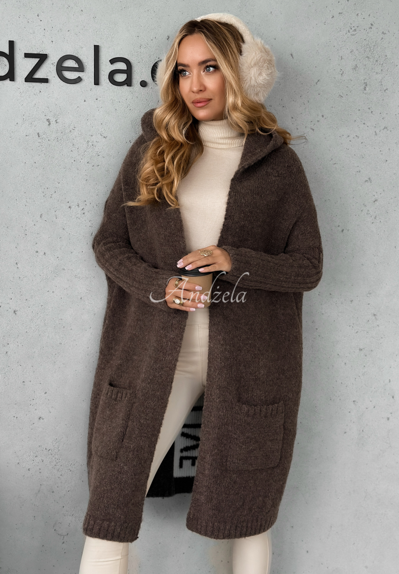 Dlouhý Kardigan oversize s kapucí Simply Live čokoládový