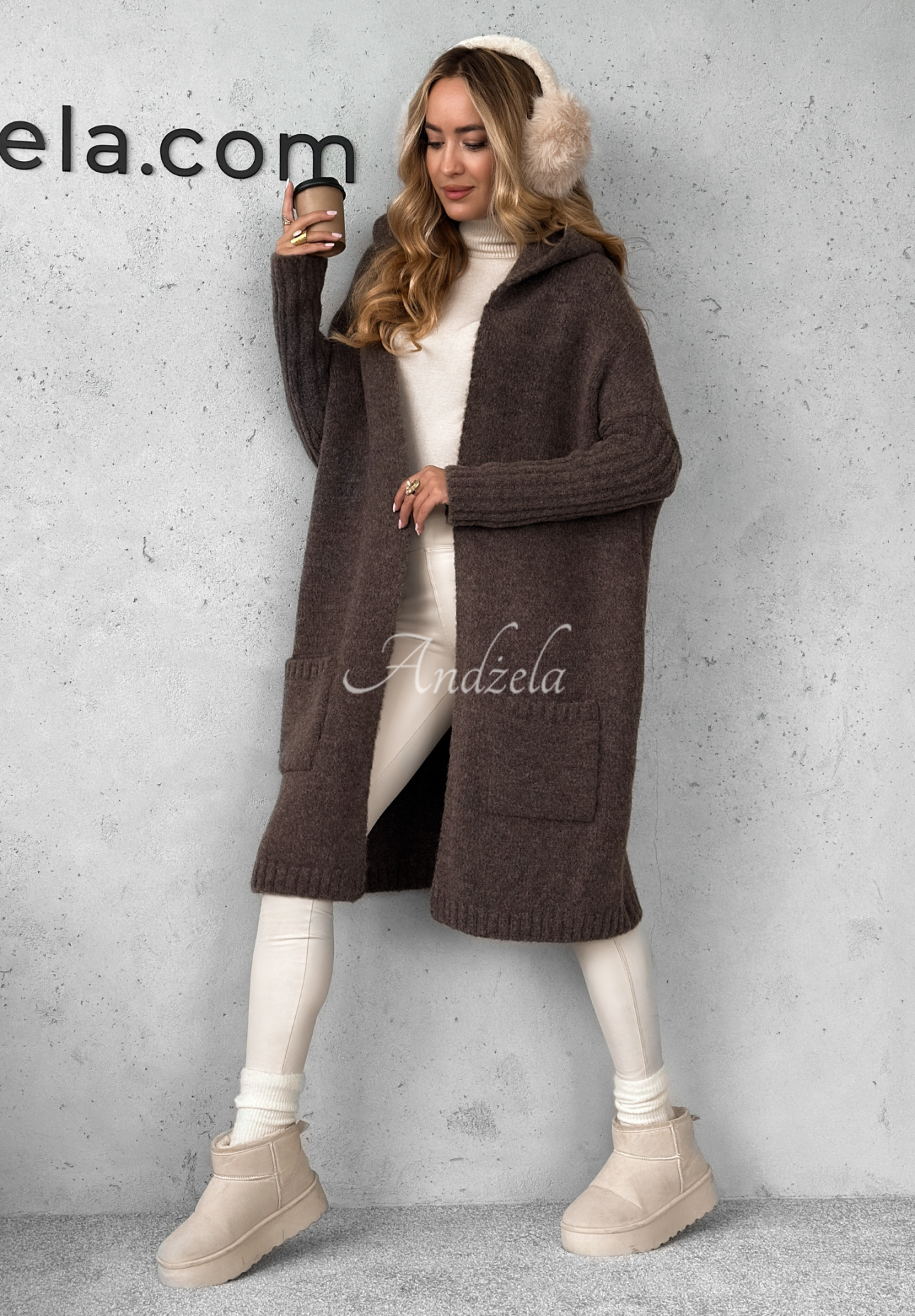 Dlouhý Kardigan oversize s kapucí Simply Live čokoládový