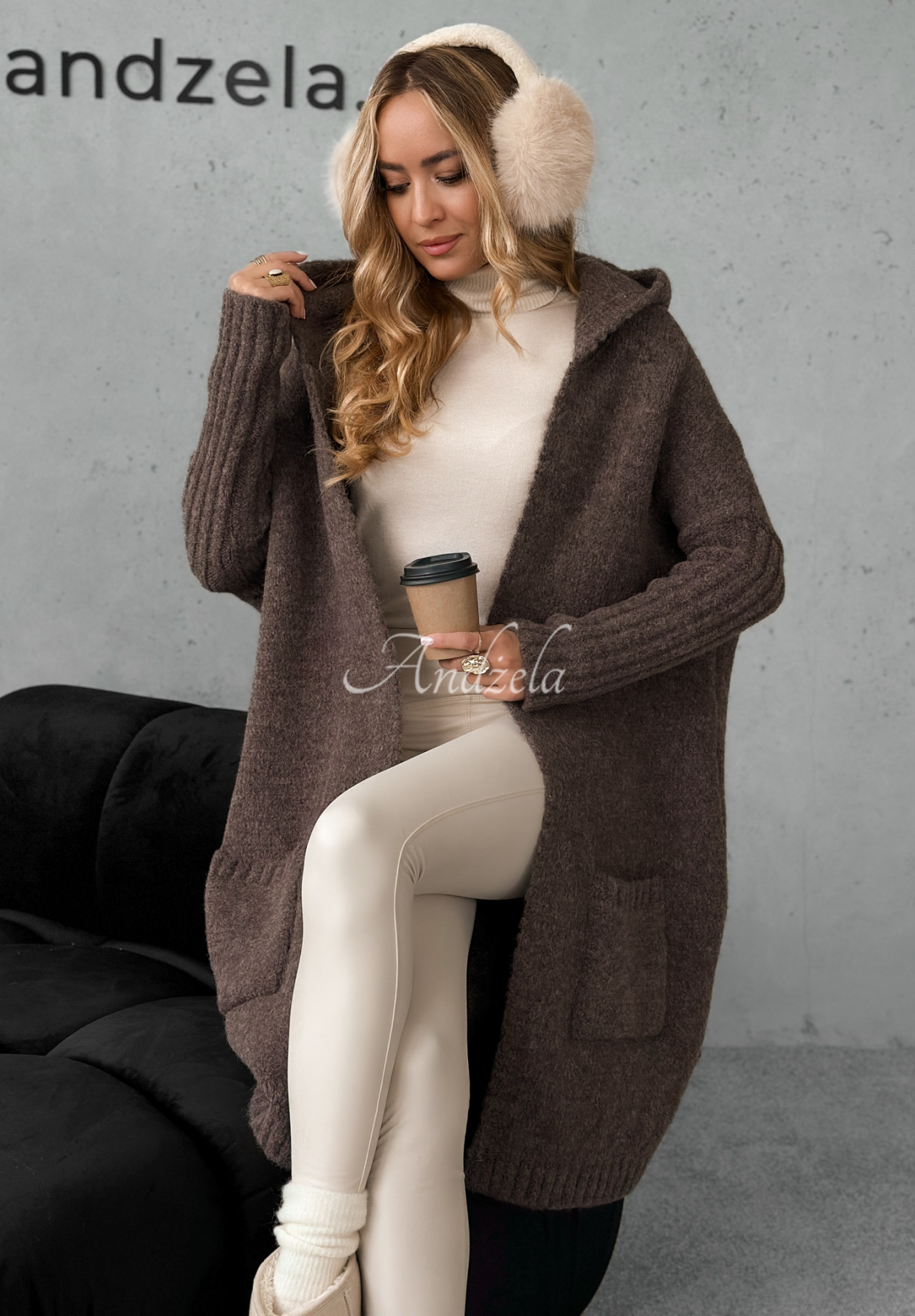 Dlouhý Kardigan oversize s kapucí Simply Live čokoládový