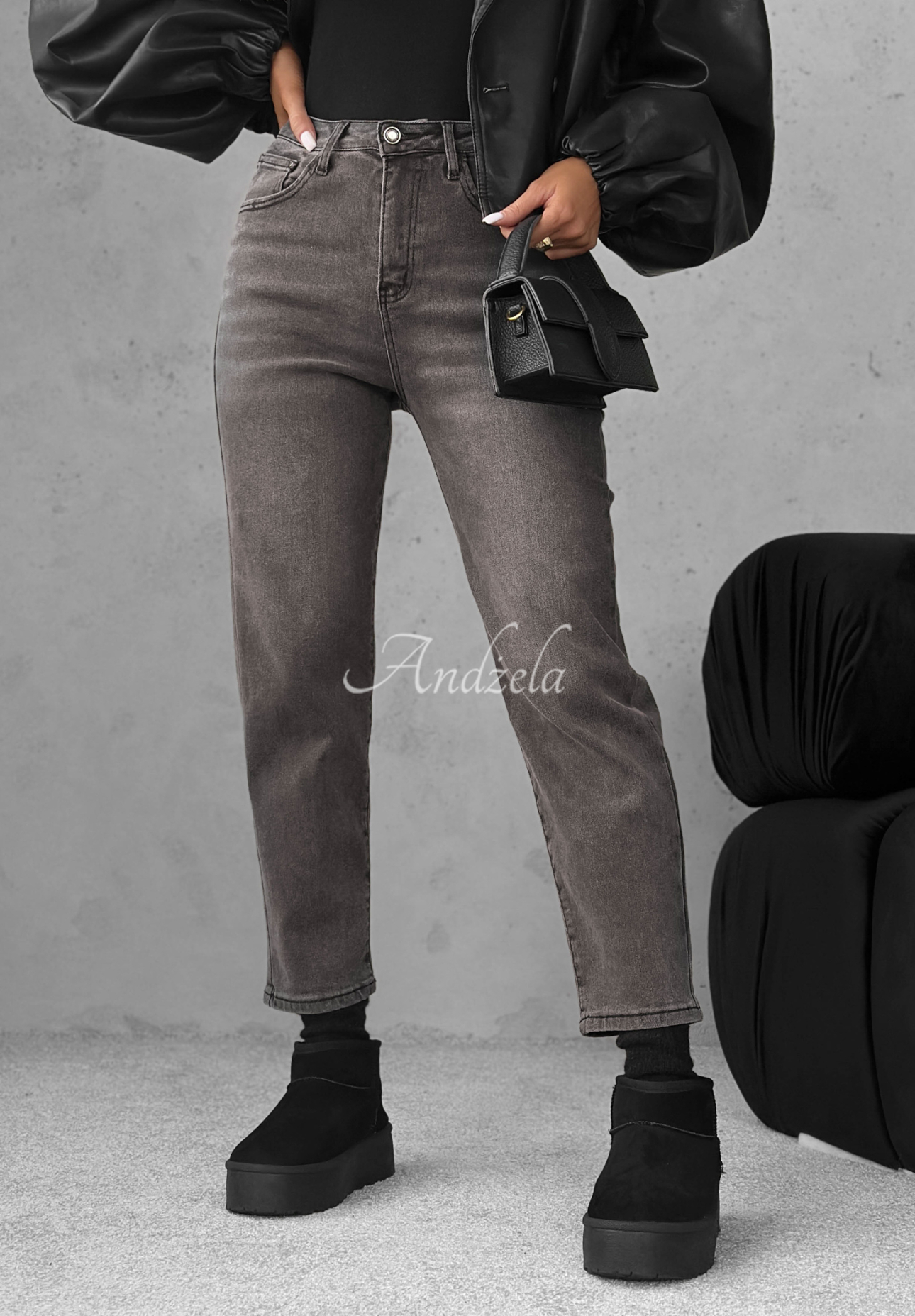 Džíny mom fit Looking Back tmavě šedý