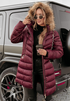Dlouhá prošívaná bunda s kožíškem The Snow Glow vínová