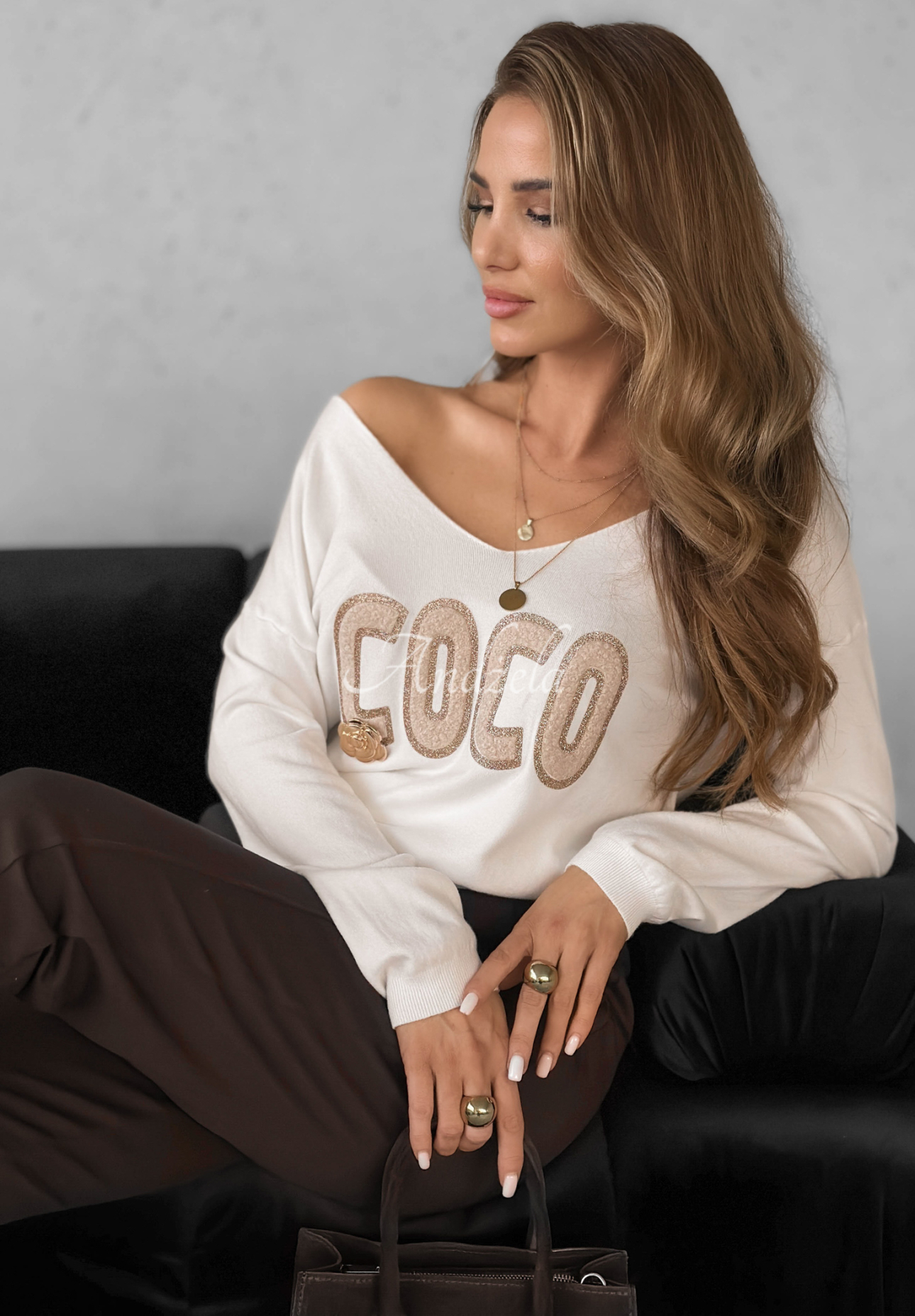 Svetr s ozdobnou aplikací z viskózou Coco ecru