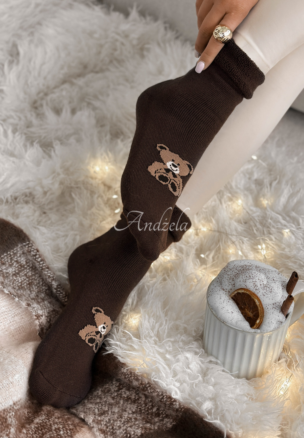 Dlouhé ponožky s potiskem Teddy Vibes čokoládové
