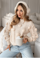 Ozdobnie pleciony Svetr z kwiatami Flowery Mimosa béžový