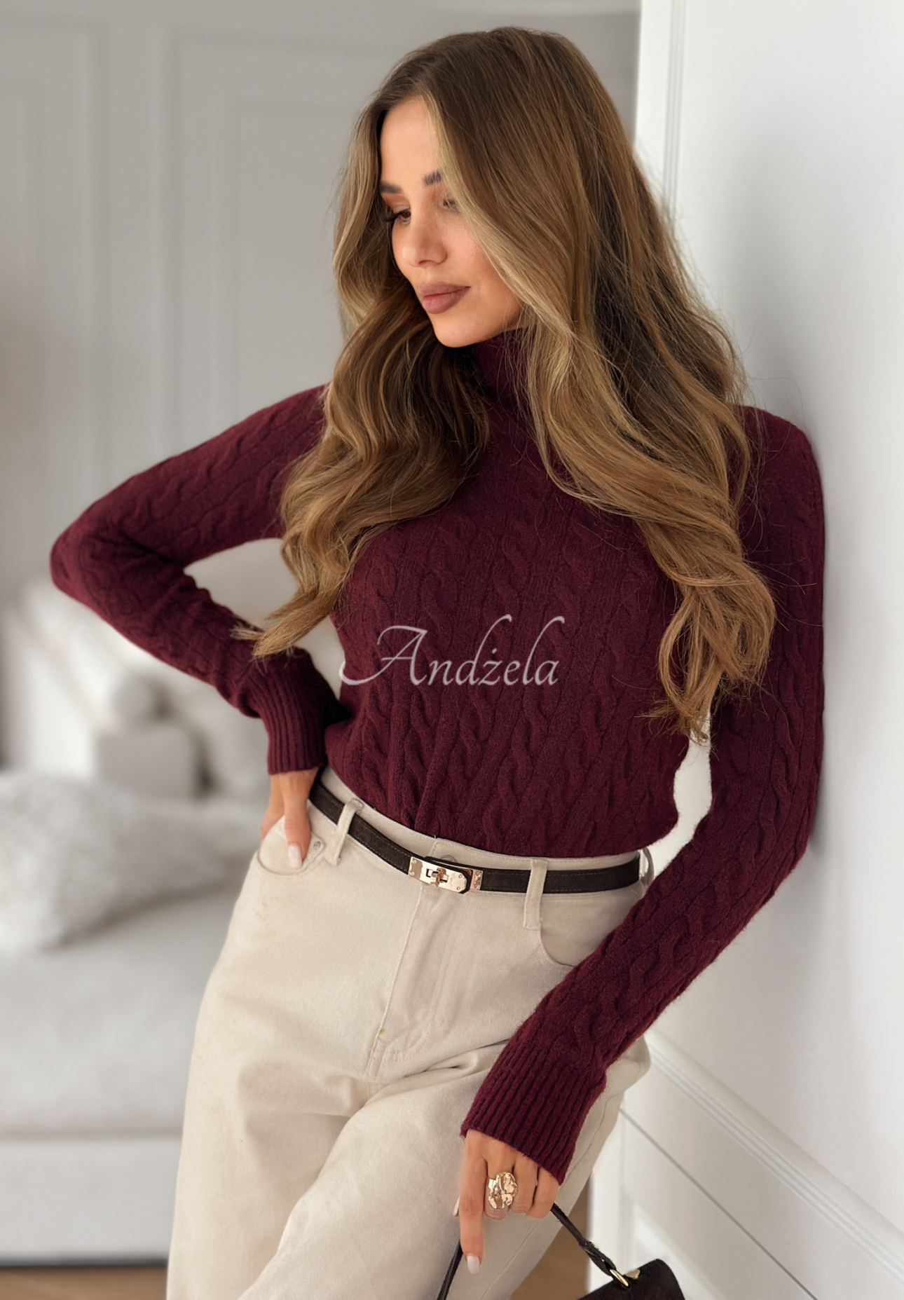 Ozdobně pletený svetr s rolákem I Love Cold vínový