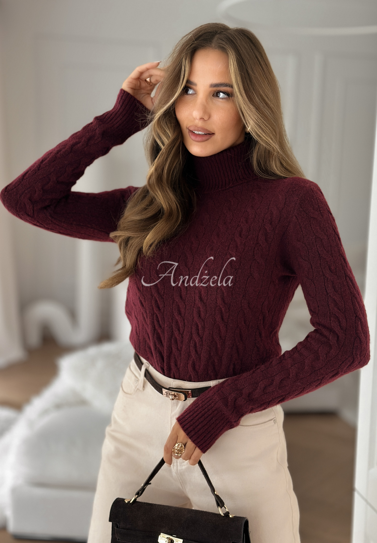 Ozdobně pletený svetr s rolákem I Love Cold vínový