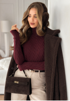 Ozdobnie pleciony Svetr z golfem I Love Cold vínový