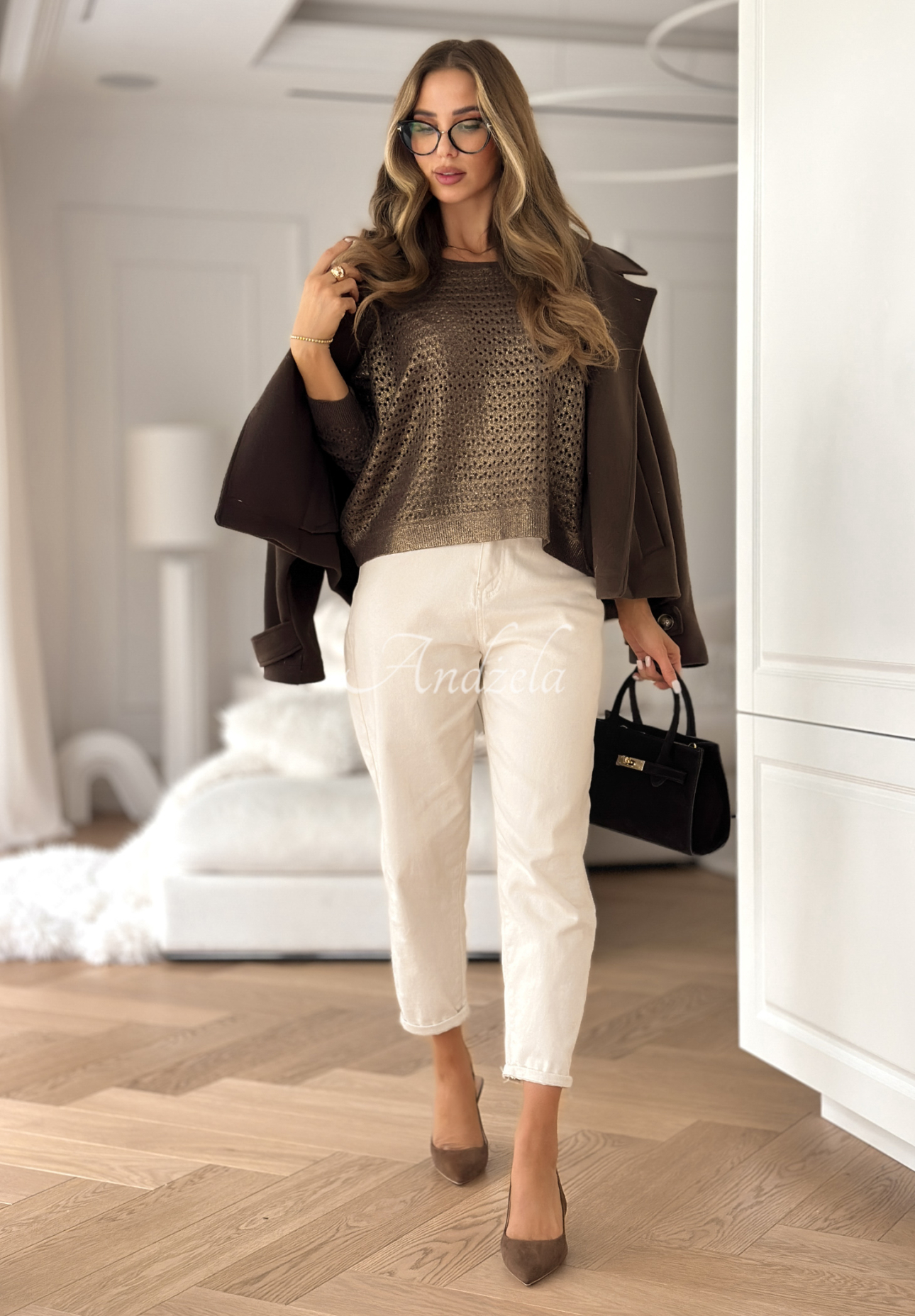 Viskózový ažurový svetr s potiskem Rainy Plans čokoládový