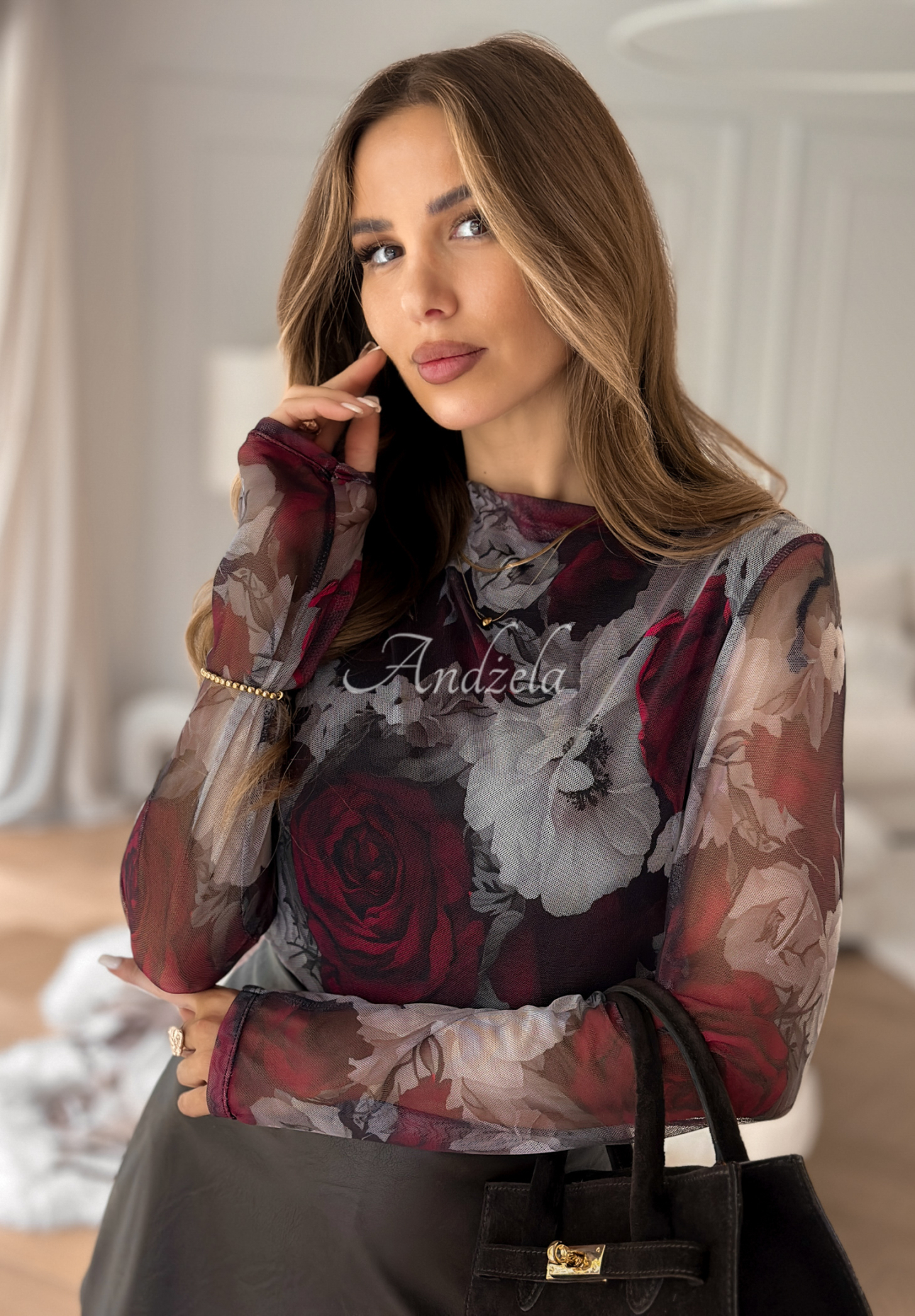 Viskózová halenka z květované síťoviny Magnolia Park béžovo-bordó