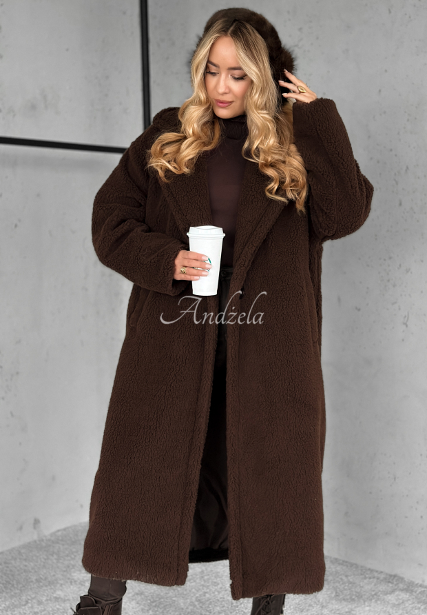 Dlouh&yacute; kab&aacute;t z imitace kožichu Arctic čokol&aacute;dov&yacute;