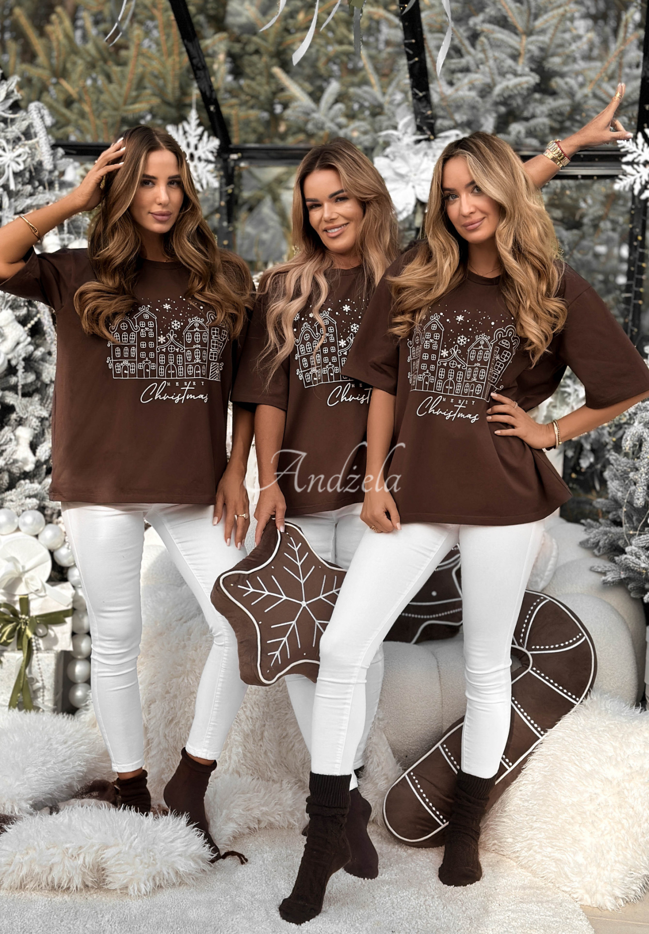 Vánoční tričko s potiskem Snowy Christmas čokoládový