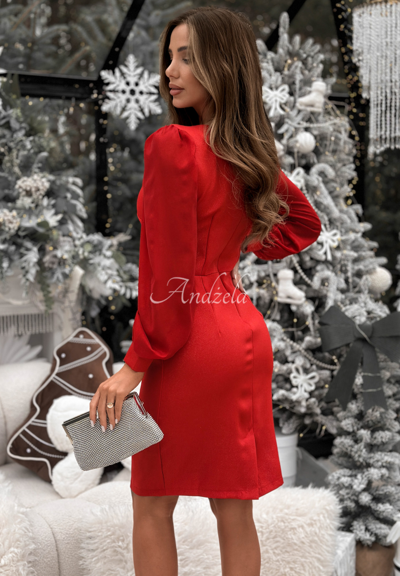 Lesklé šaty s nabíranými rukávy Just Saying červená