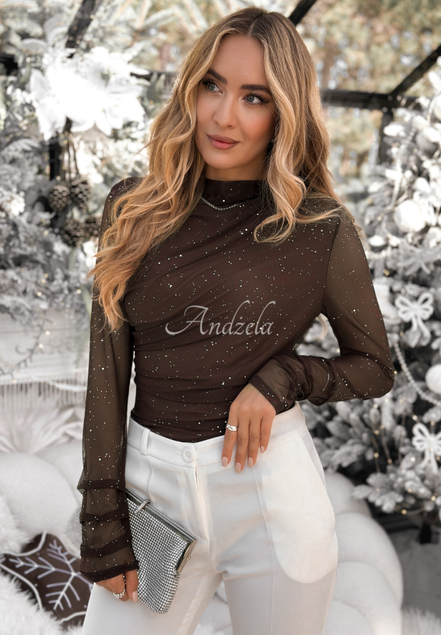 Třpytiv&aacute; s&iacute;ťovan&aacute; halenka s řasen&iacute;m Time Of The Year čokol&aacute;dov&aacute;