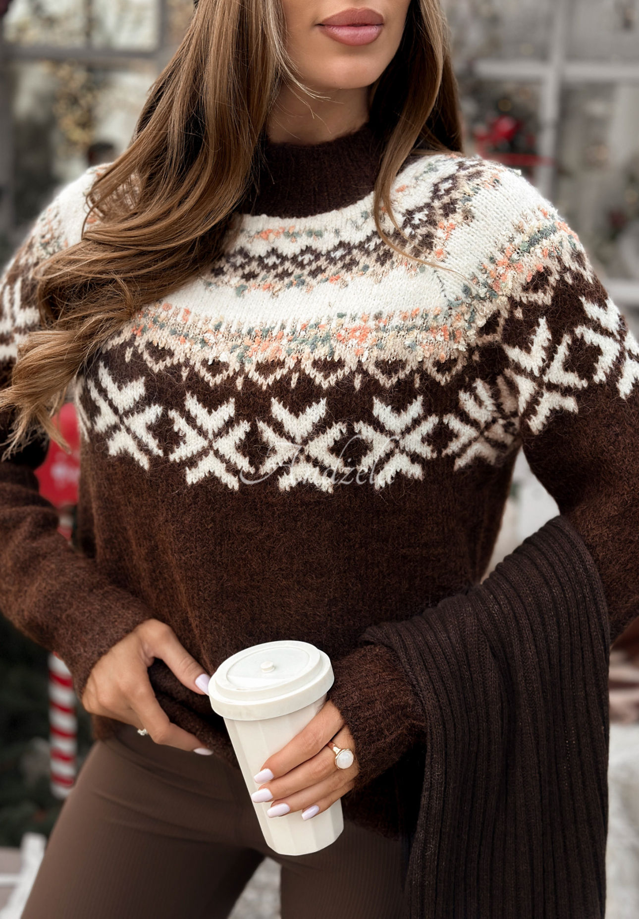 Svetr se vzory Candy Cane Lane čokoládový