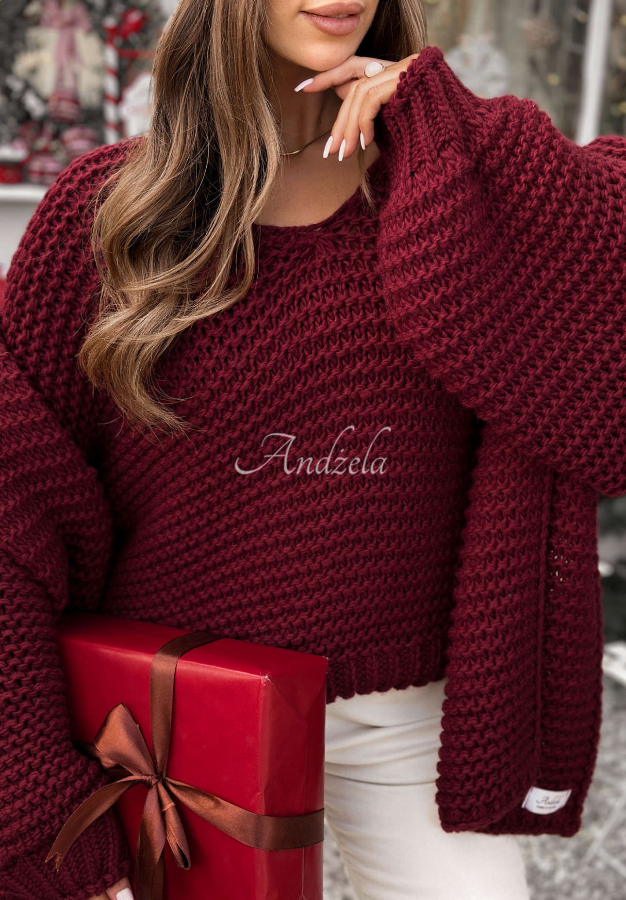 Pletený svetr s vlnou Winter Is Calling vínový