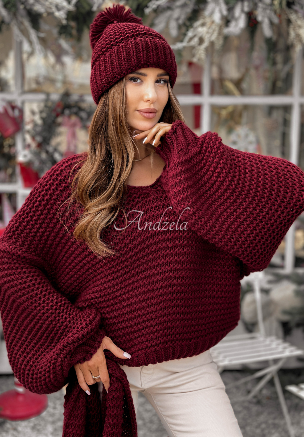 Pletený svetr s vlnou Winter Is Calling vínový