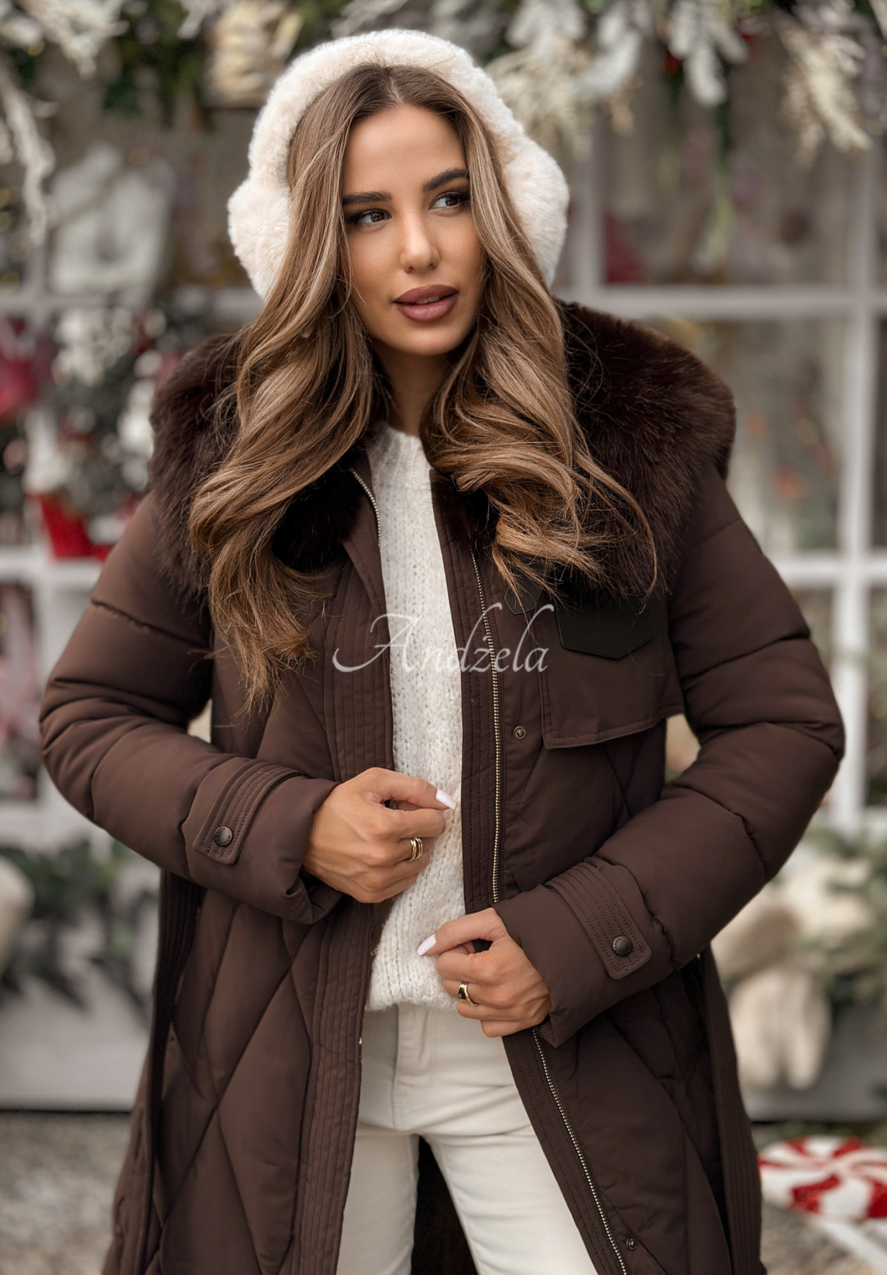 Prošívaná bunda s kožíškem Hot Coffee čokoládová