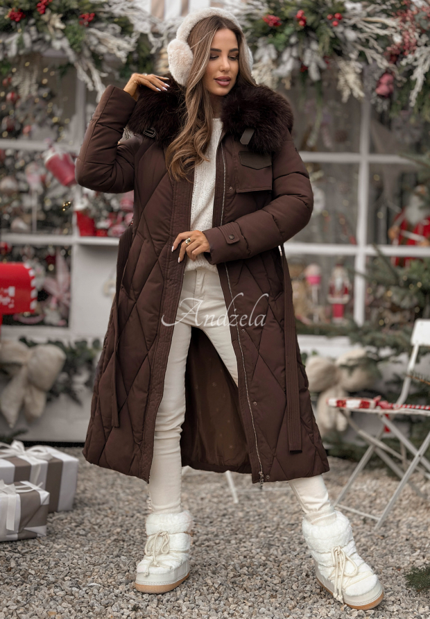 Prošívaná bunda s kožíškem Hot Coffee čokoládová
