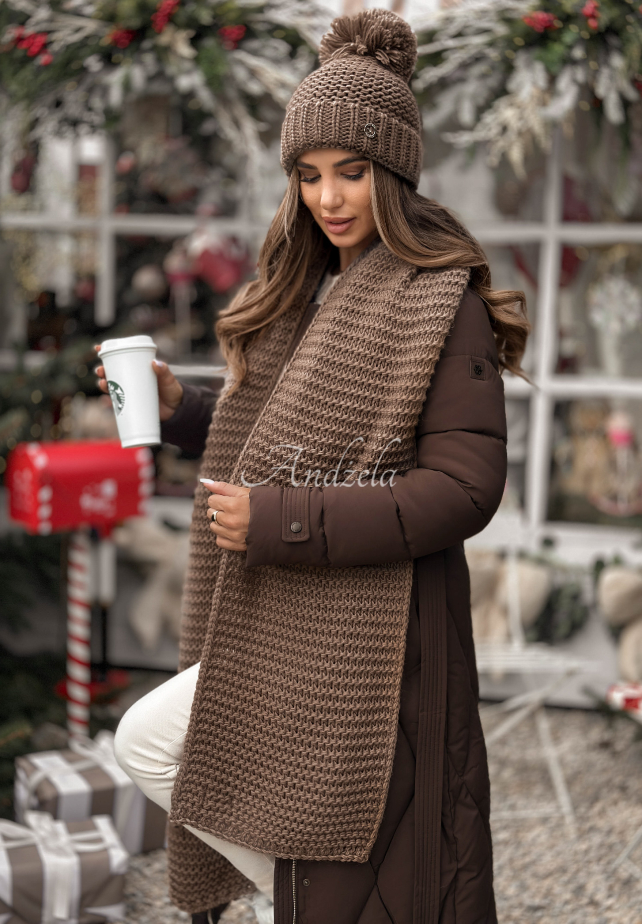 Souprava čepice a šála s vlnou Best Winter Days Mokka