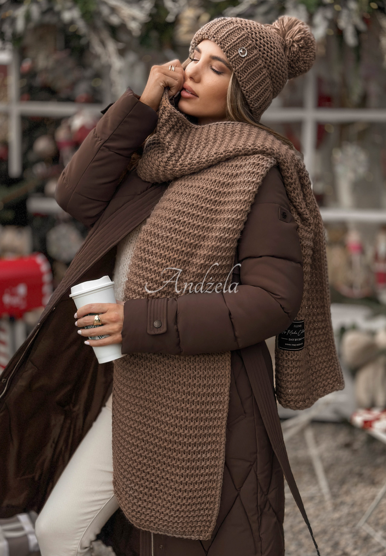 Souprava čepice a šála s vlnou Best Winter Days Mokka