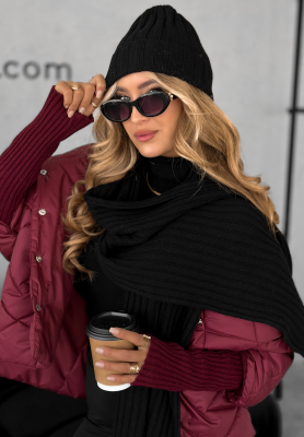 Žebrovaná souprava čepice a šála s vlnou a kašmírem Snow Dates Černé