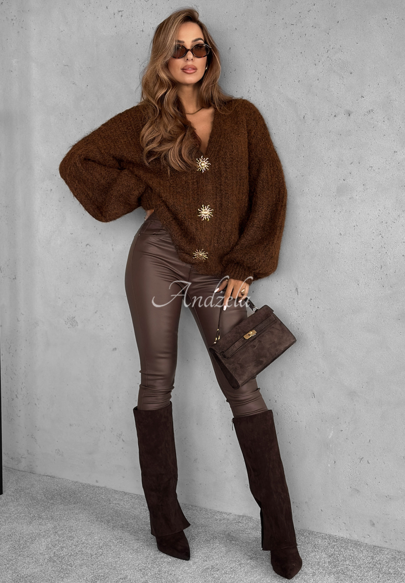 Viskózový krátký kardigan s nabíranými rukávy a vlnou Snow Hill čokoládový