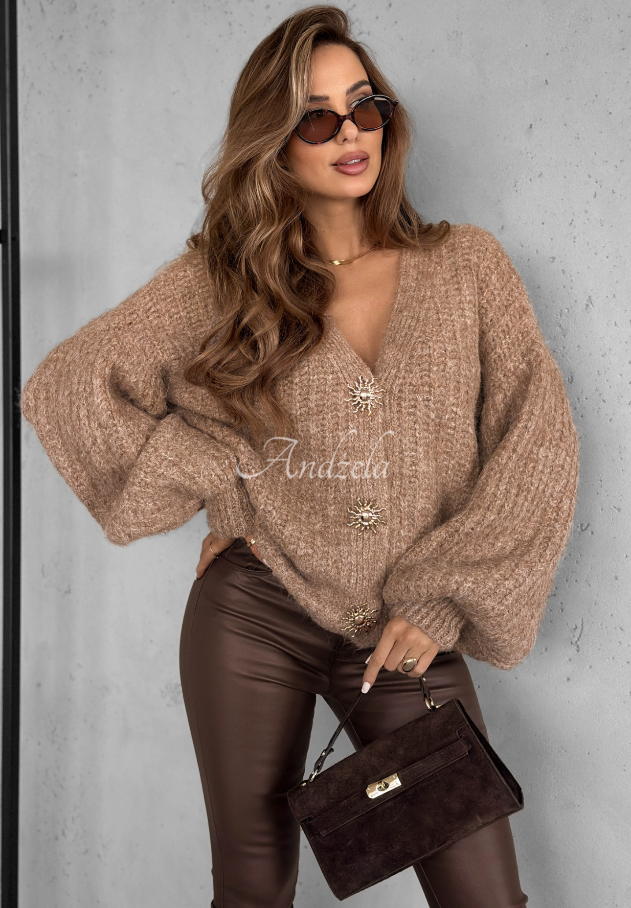 Viskózový krátký kardigan s nabíranými rukávy a vlnou Snow Hill béžový