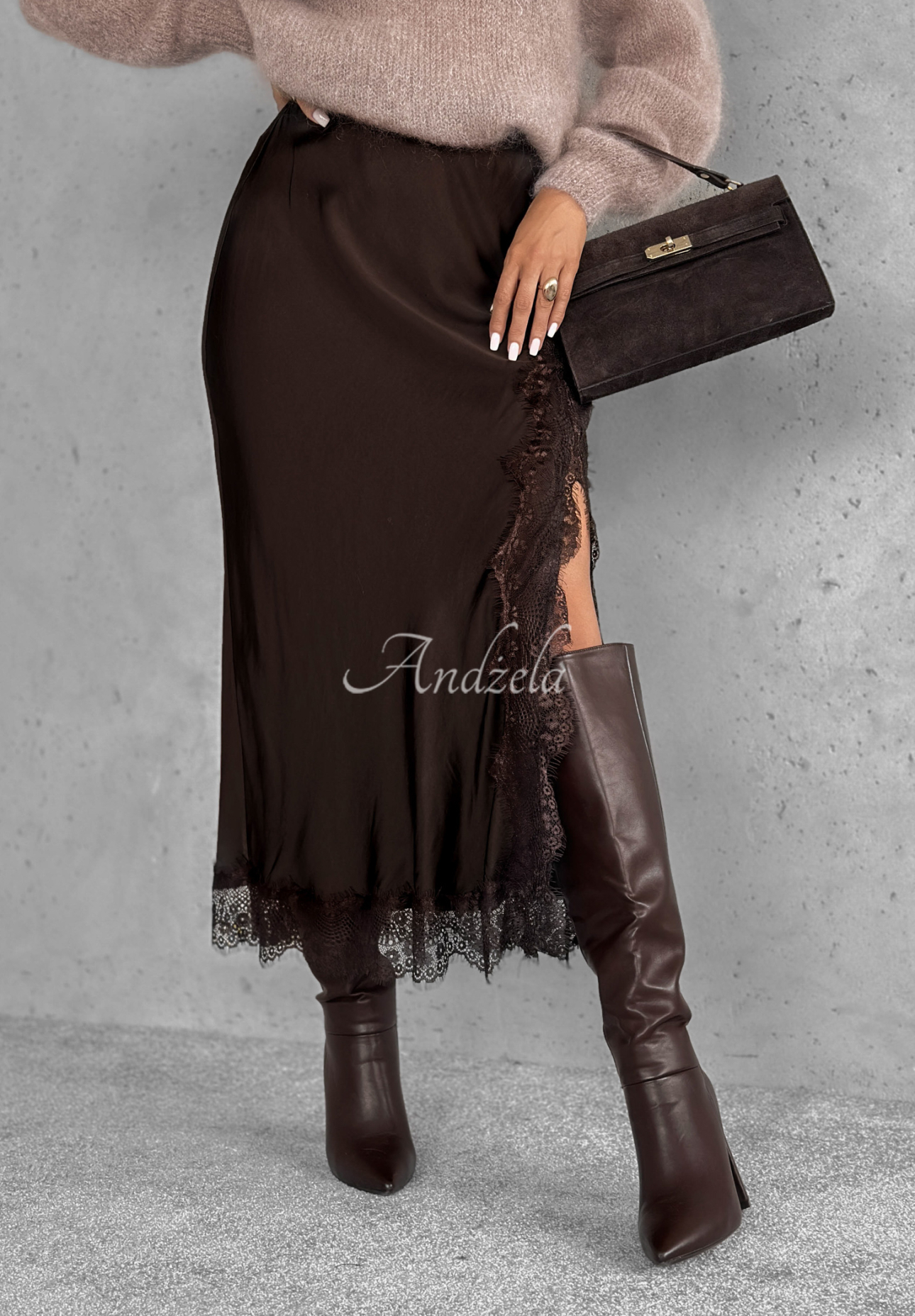 Viskózová saténová midi sukně s krajkou Hot Topic čokoládová