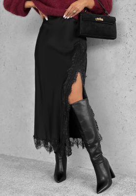 Viskózová saténová midi sukně s krajkou Hot Topic černá