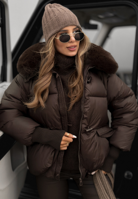 Prošívaná bunda s kapucí a kožíškem Little Snowman čokoládová