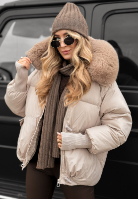 Prošívaná bunda s kapucí a kožíškem Little Snowman béžová