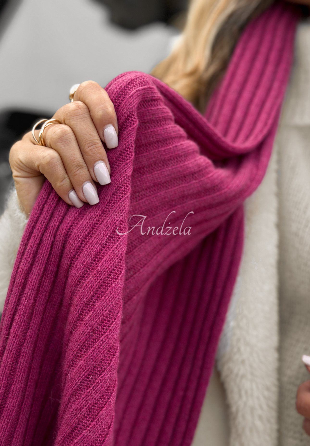 Žebrovaná souprava čepice a šála s vlnou a kašmírem Snow Dates fuchsiový