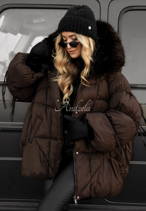 Pro&scaron;&iacute;van&aacute; bunda s kož&iacute;&scaron;kem Cold Without You čokol&aacute;dov&aacute;