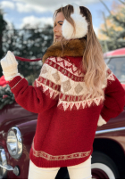 Vzorovaný Svetr z futerkiem Christmas Fireplace červený