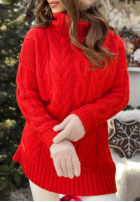 Ozdobně pletený svetr s rolákem a vlnou Wrapped In Comfort červený