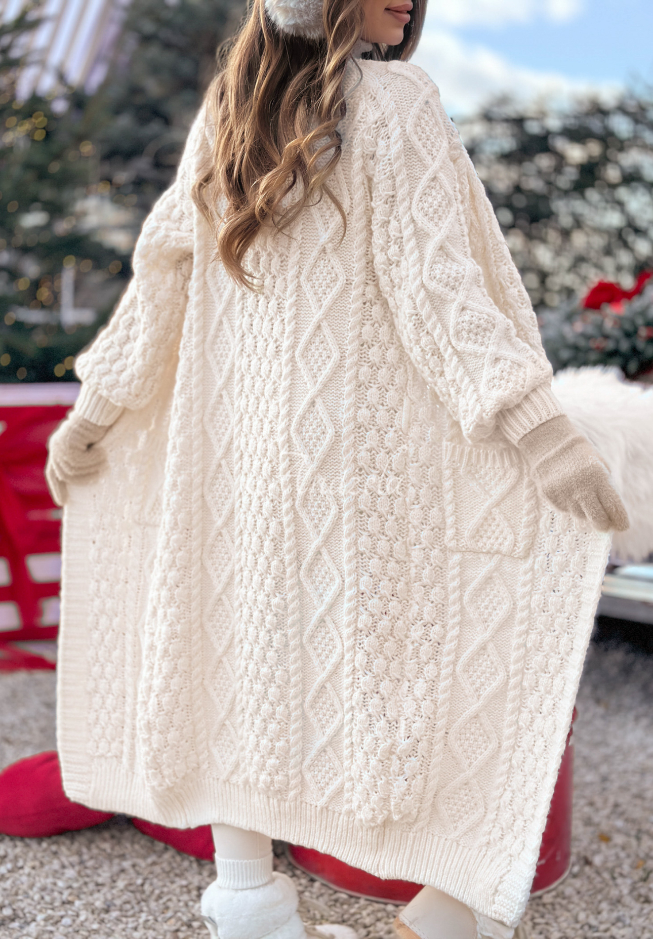 Dlouhý ozdobně pletený kardigan Wrap Yourself ecru