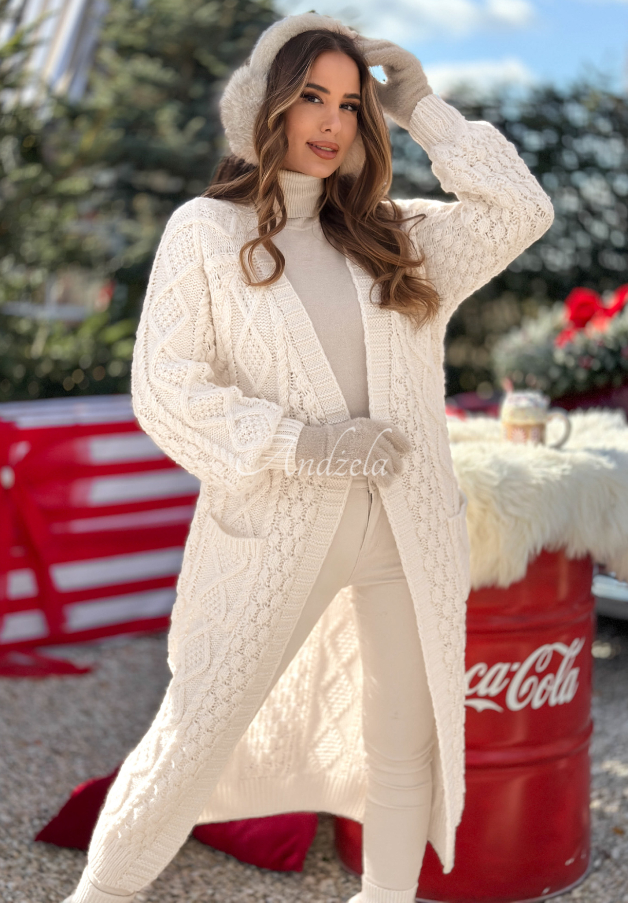 Dlouhý ozdobně pletený kardigan Wrap Yourself ecru