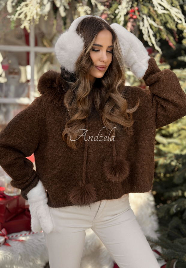 Svetr s kapucí a kožíškem Cinnamon Tea čokoládový