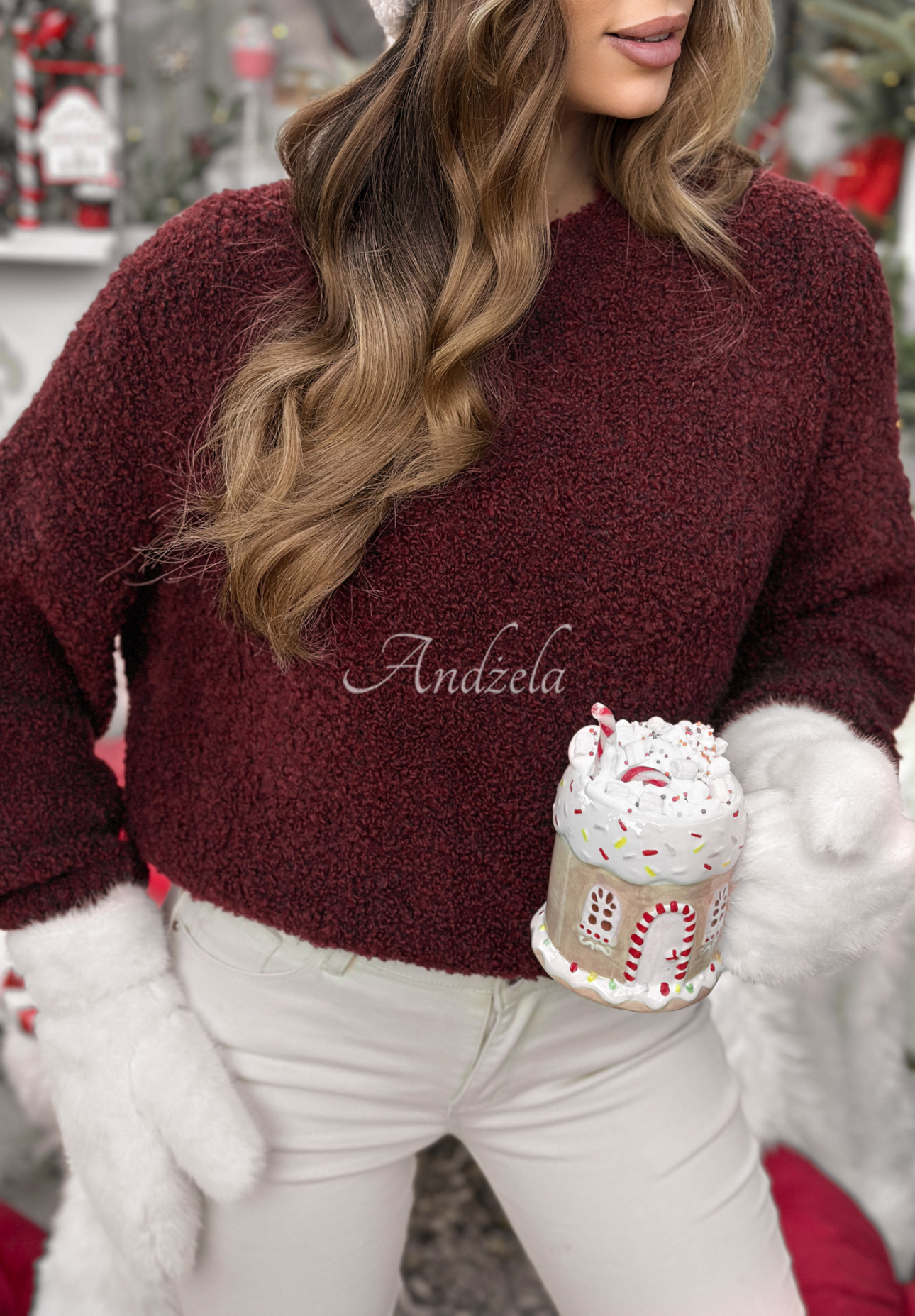 Svetr s moherem a vlnou Cuddly Companion vínový