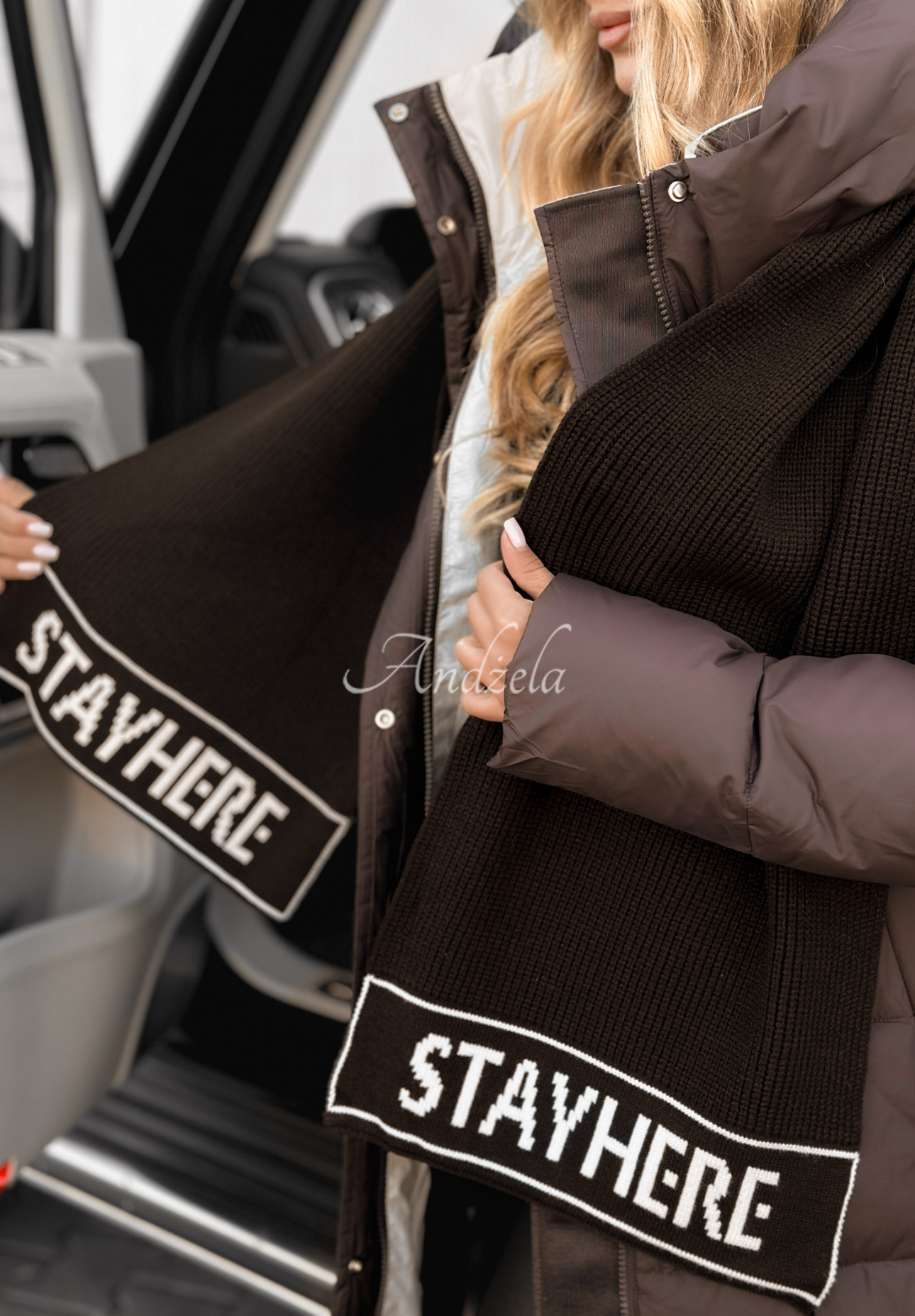 Viskózová souprava čepice a šála s vlnou Stay Here Winter čokoládový