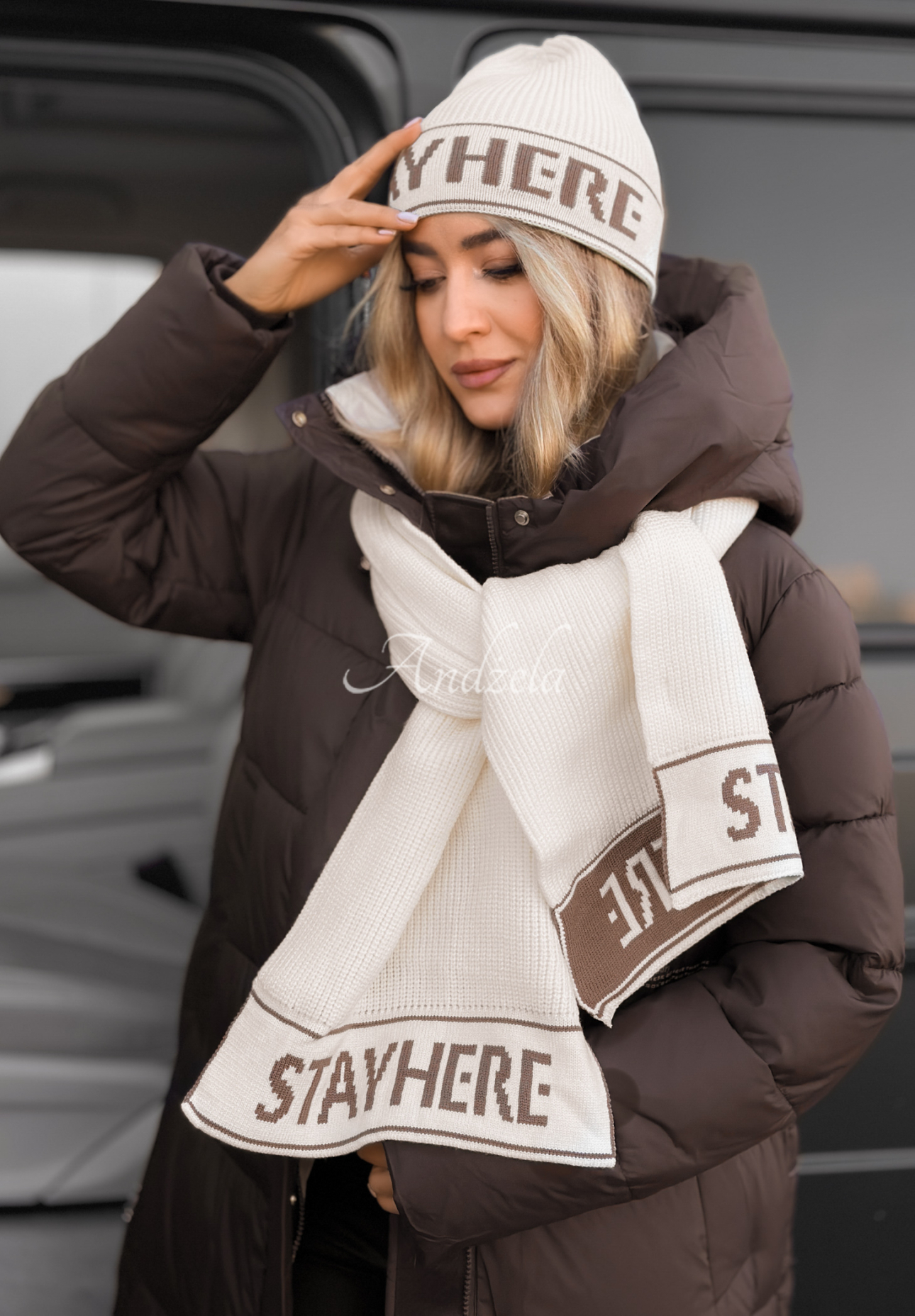 Viskózová souprava čepice a šála s vlnou Stay Here Winter ecru