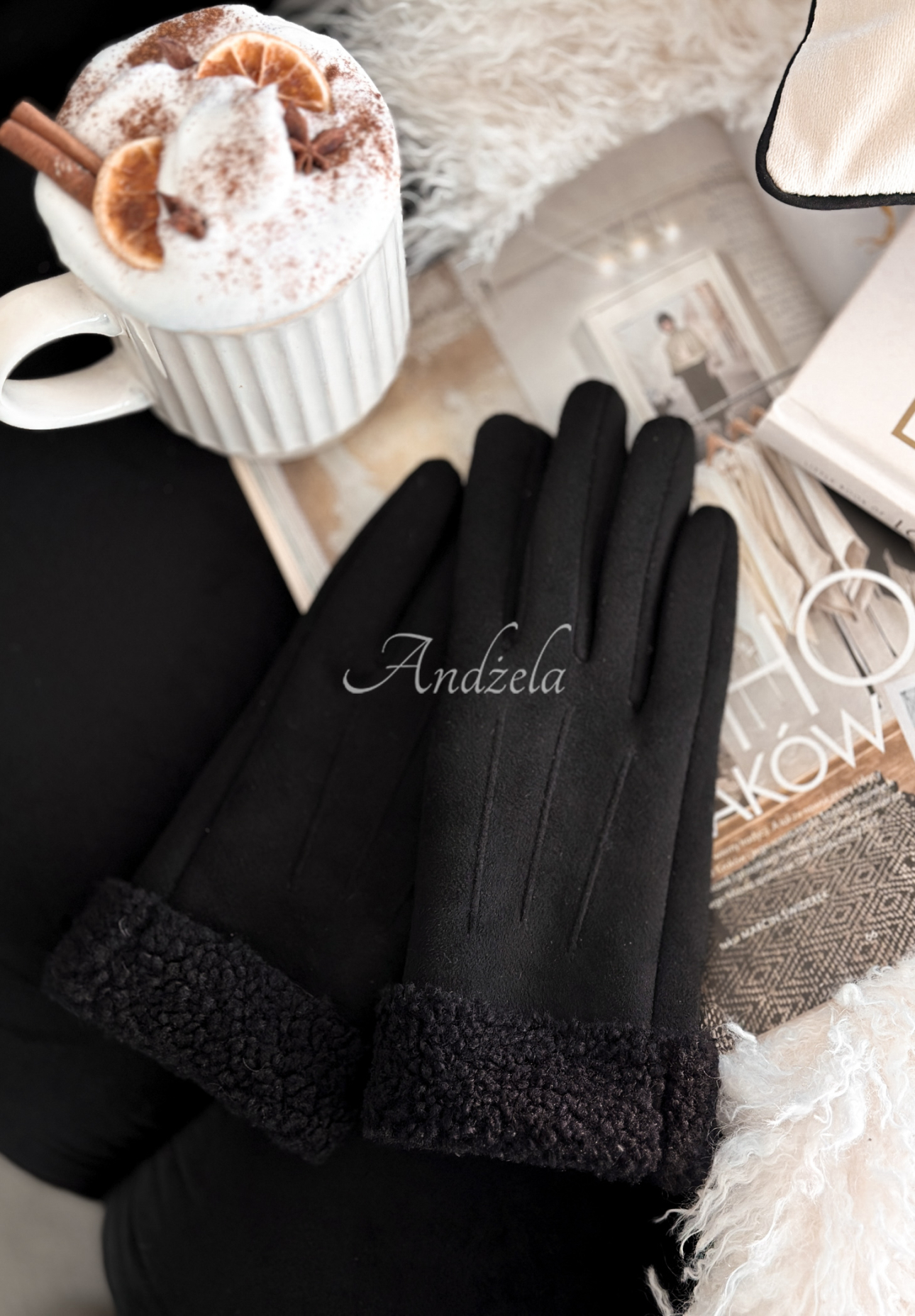 Semišové rukavice s kožíškem Frozen Hours černé