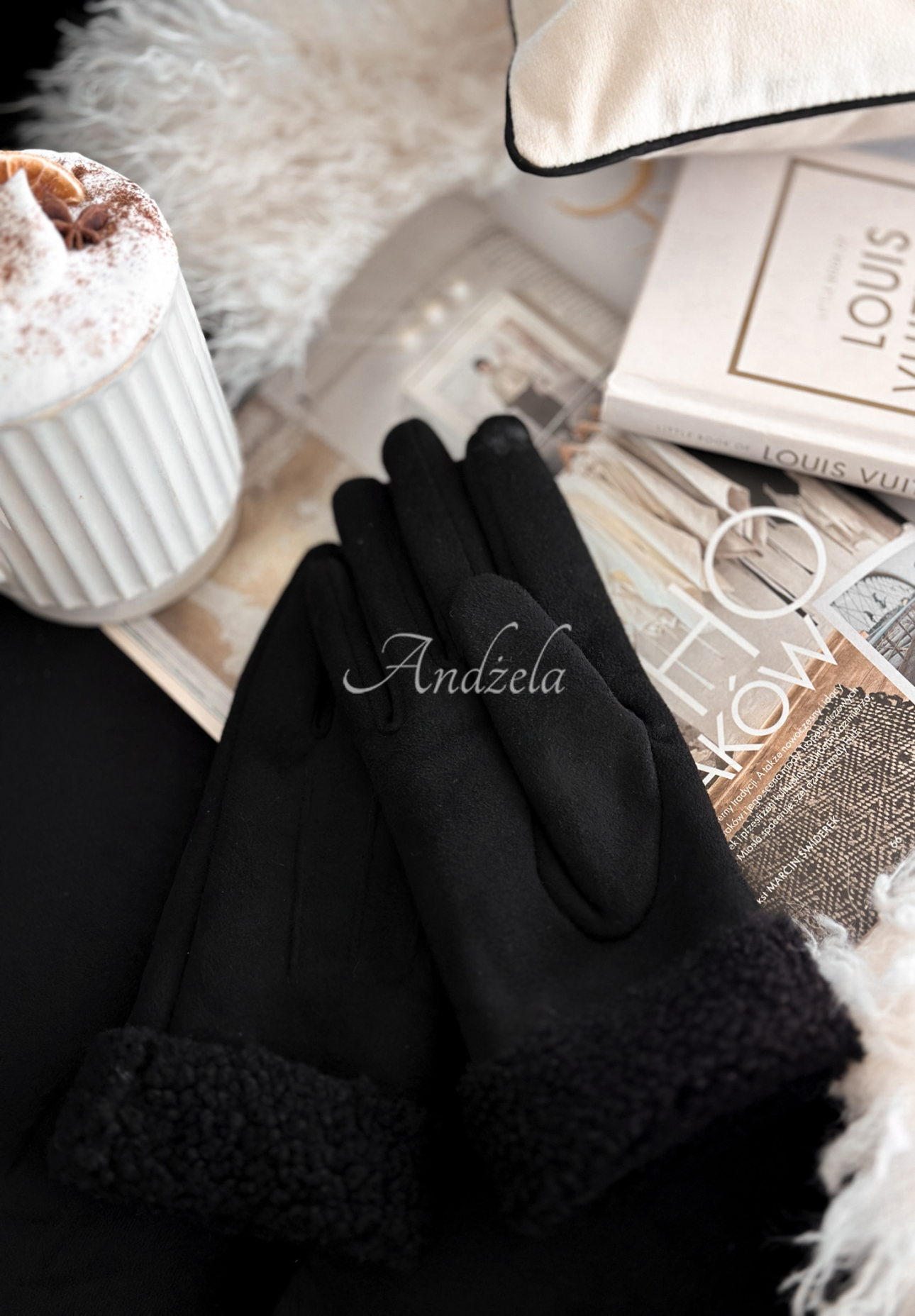 Semišové rukavice s kožíškem Frozen Hours černé